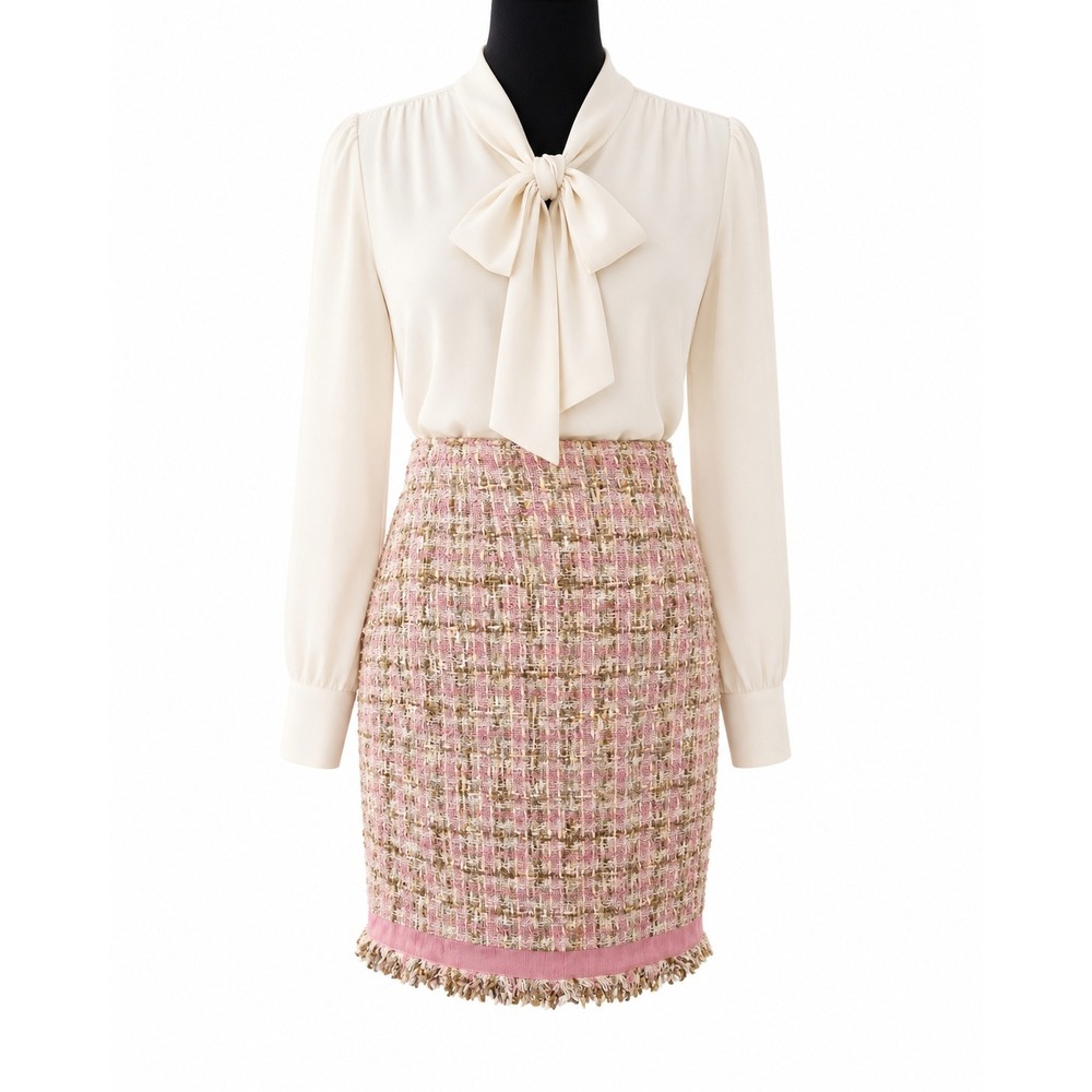 JON Saks Fifth Avenue Pink Tweed Fringe Pencil‎ Skirt Size 14 New With Tags